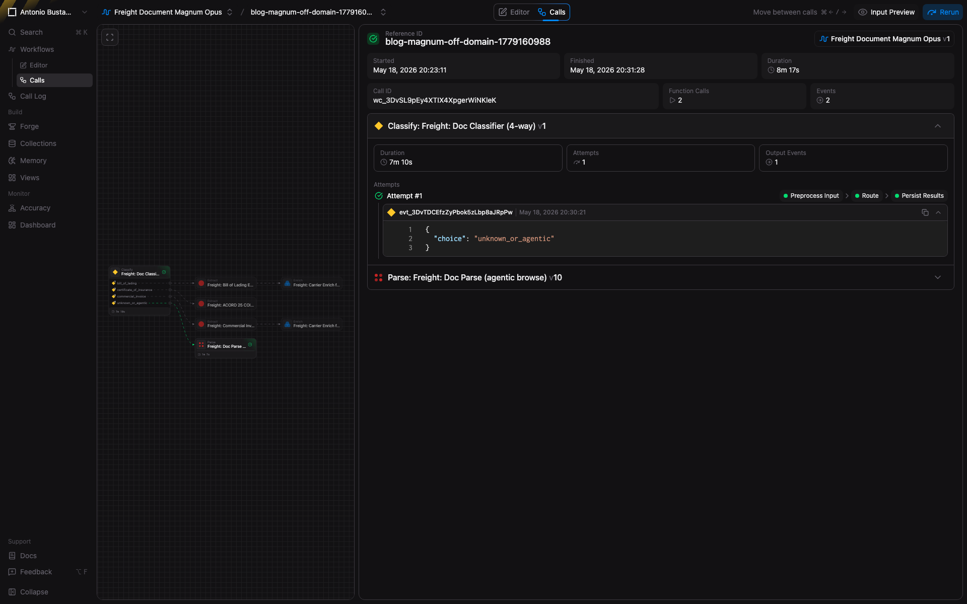 Workflow calls view with run history