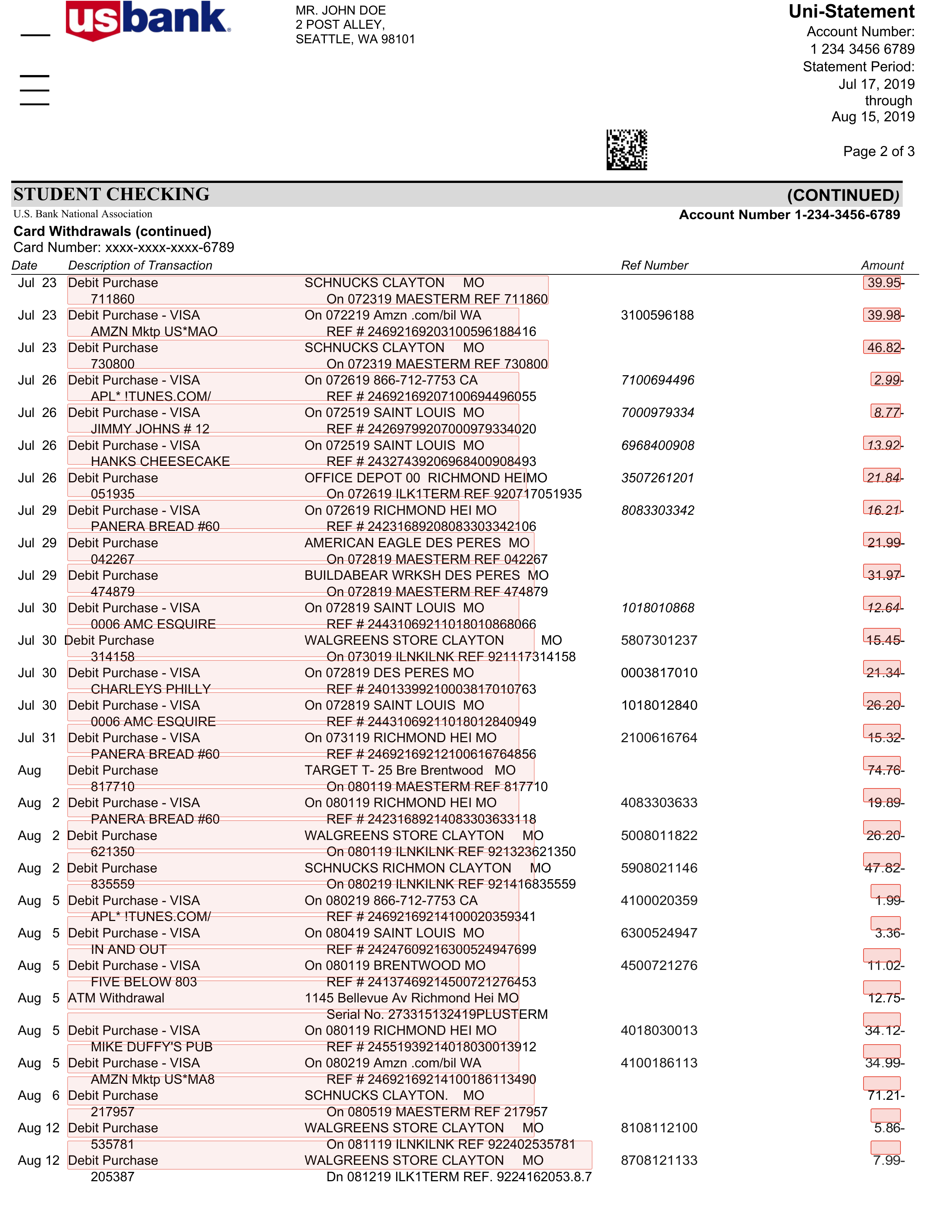 Bounding boxes on page 3 showing withdrawal provenance across pages