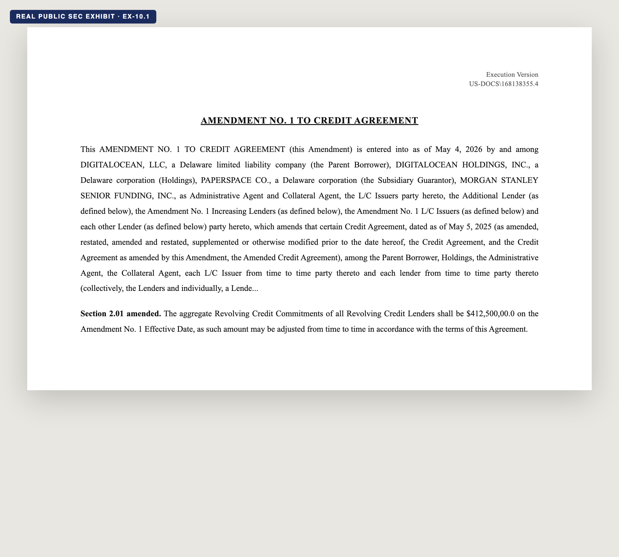 First page of DigitalOcean's real Amendment No. 1 to Credit Agreement