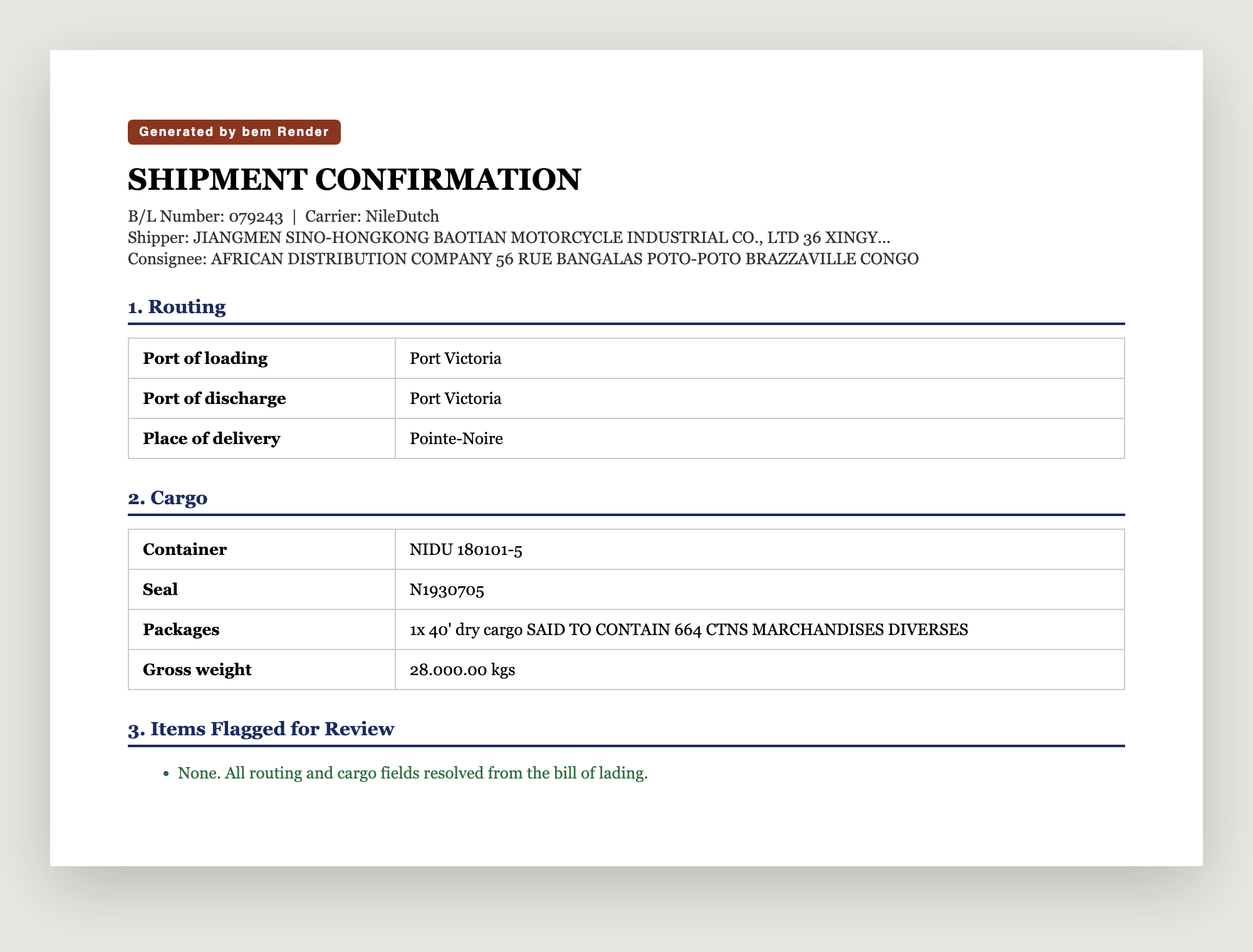 The shipment confirmation bem generated from the real bill of lading