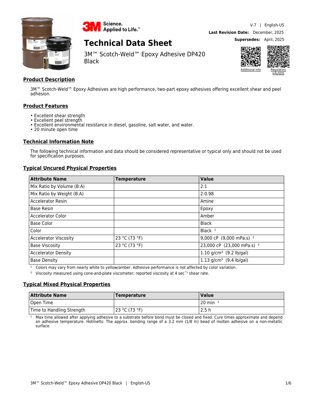 First page of the 3M Scotch-Weld DP420 technical data sheet